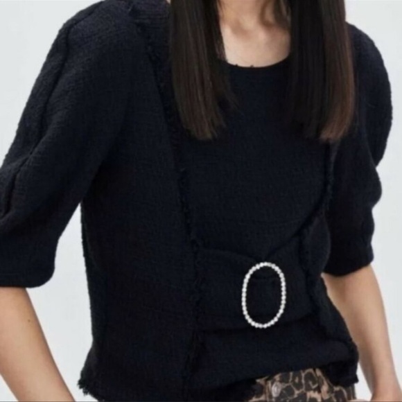 Zara | Black Tweed Midi Crop Top With Jewel Buckle - Picture 2 of 7